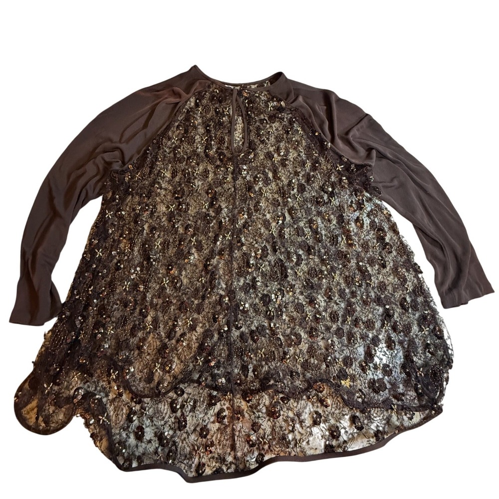 Brown Lace Sequin Beaded Tunic Top Long Sleeve Keyhole High Low Hem Blouse